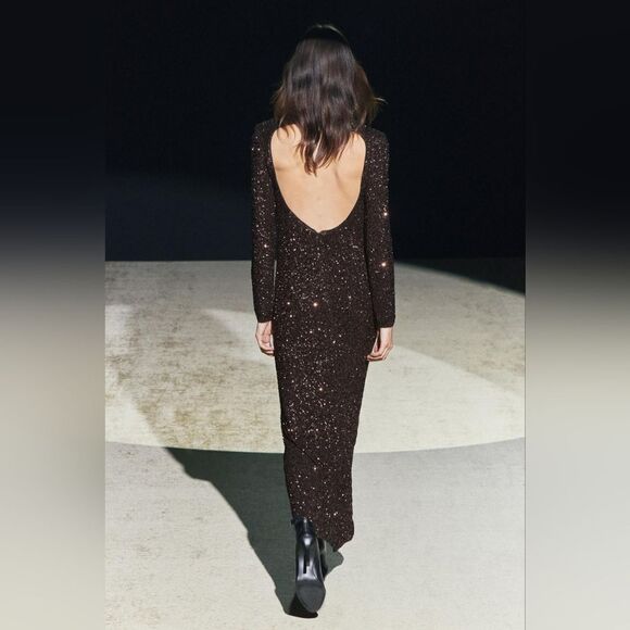RUNS LARGE NWT ZARA SEQUIN LONG DRESS ZW COLLECTION Mocha Color - Picture 7 of 15